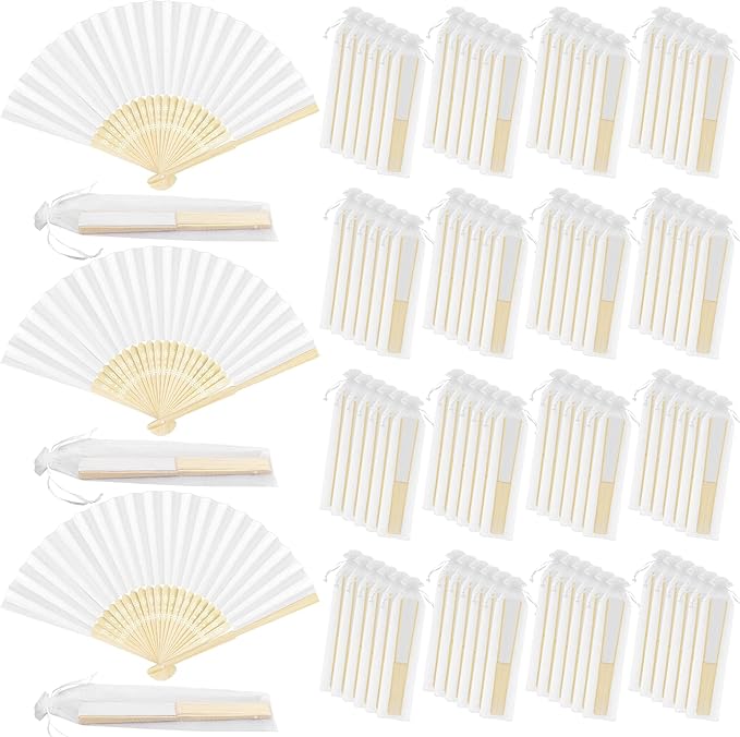 MCEAST 120 Pieces Wedding Handheld Paper Fans White Bamboo Folding Paper Fan with 120 Organza Bags Foldable Cool Wedding Favors Wedding Fans for Guests Party Favors DIY Decoration