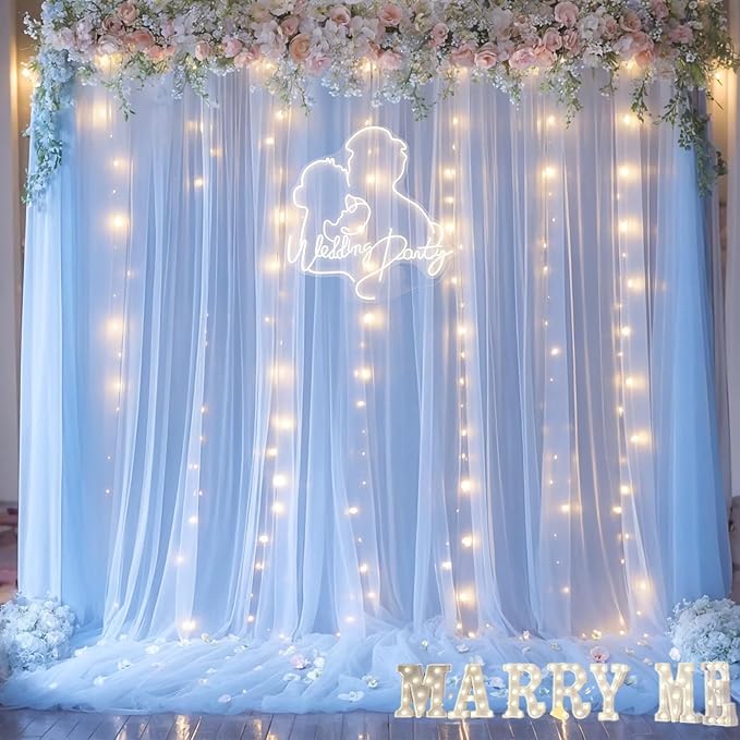 Baby Blue Sheer Tulle Backdrop Curtains with Lights String for Parites Baby Shower Decorations for Boy Bridal Shower Birthday Party Photo Shoot Background Wall Decorations 10×8ft(2 Panels 5×8ft)