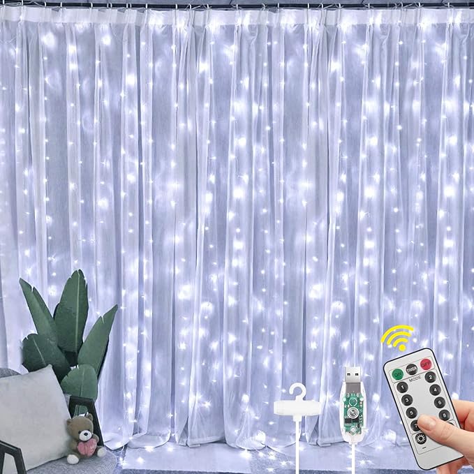 Vicloon Fairy Curtain Lights,300 LED White Curtain Lights,8 Modes 9.8×9.8Ft Waterproof Window Curtain String Light USB Powered with Remote Control,Christmas String Lights Curtain for Indoor/Outdoor