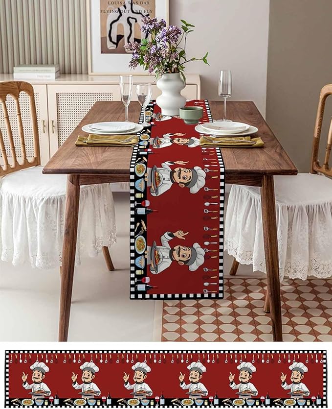 Red Chef Gourmet Cotton Linen Table Runner for Dining Kitchen, Wedding Outdoor Party Tablerunners Decoration, Black White Check Plaid Funny Kitchen Dresser Scarf Coffee Tablecloth Runners 13x60 Inches