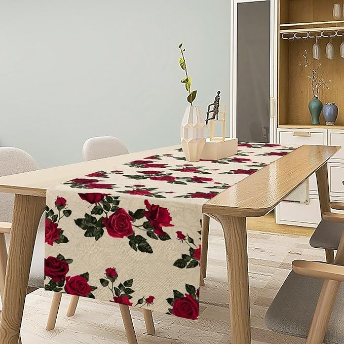 Vintage Rose Table Runner, Red Flowers Green Leaves Valentine's Day Table Runner for Kitchen Dinning Table Runner Decor Home Wedding Party Holiday, 13x90 Inch
