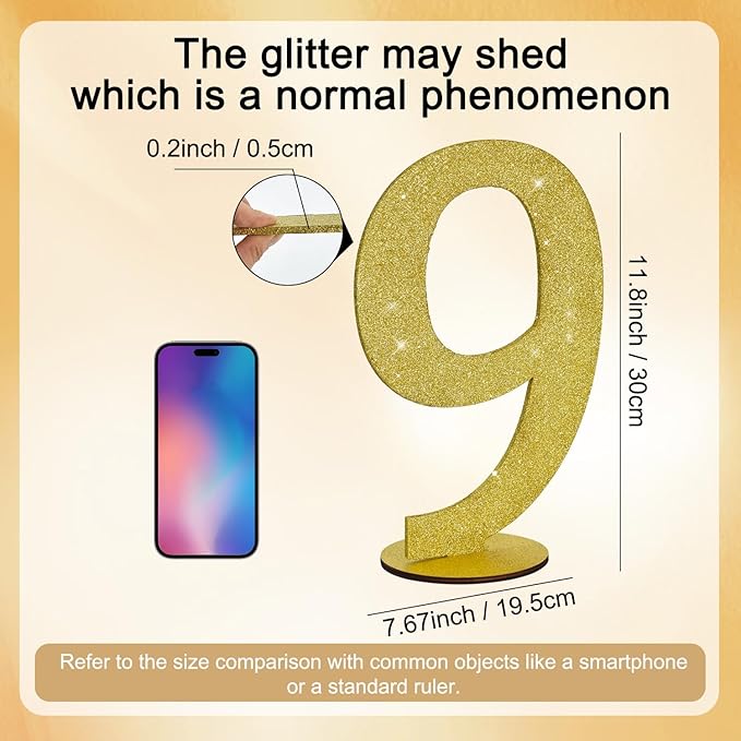 TONIFUL 11.8 Inch Gold Glitter Numbers Table Centerpieces 0-9 Birthday Party Decorations,Shining Gold Digital 9 for Birthday Party,Wedding,Bridal Shower,Engagement,Photo Shoot,Anniversary