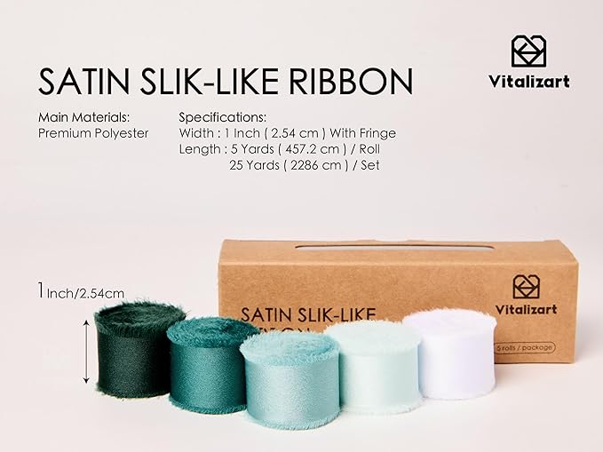 Vitalizart Silk Like Satin Ribbon 1 inch x 25 Yard Green & Sage Handmade Frayed Ribbons for Gift Wrapping Baby Shower Wedding Bridal Bouquets Holiday Decor
