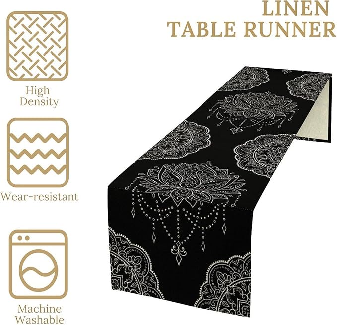 Lotus Flower Table Runner, Bohemian Ethnic Oriental Mandala Black White Floral Print Table Runner for Home Kitchen Dining Indoor Outdoor Dinner Party Decor, 13x36inch