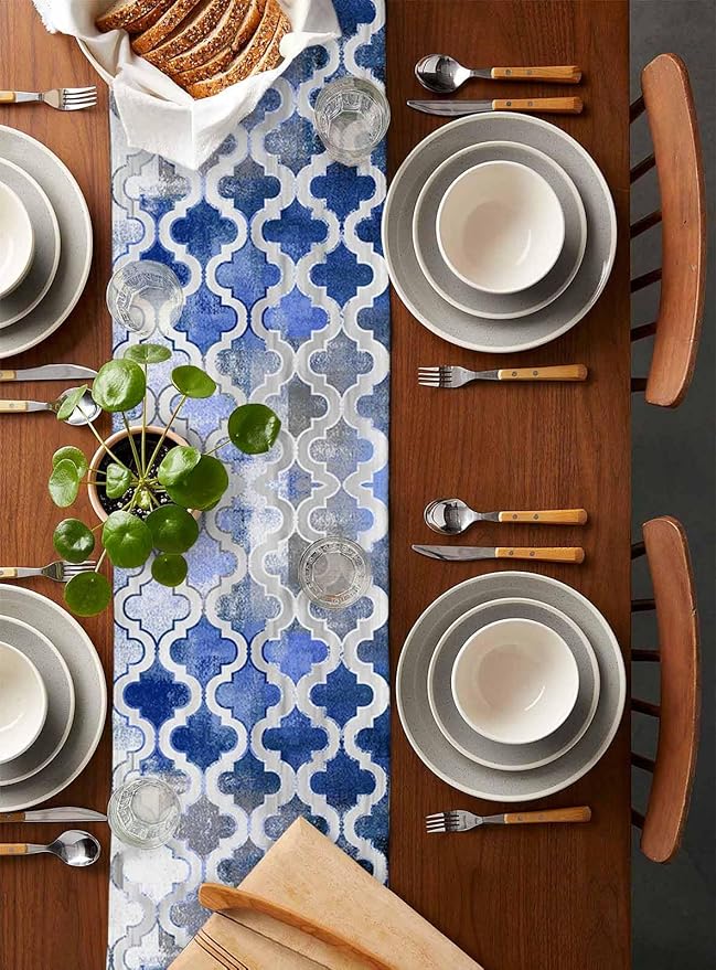 Blue Morocco Plaid Cotton Linen Table Runner for Dining Kitchen, Wedding Outdoor Party Tablerunners Decoration, Distressed Abstract Painted Vintage Dresser Scarf Coffee Tablecloth Runners 13x48 Inches
