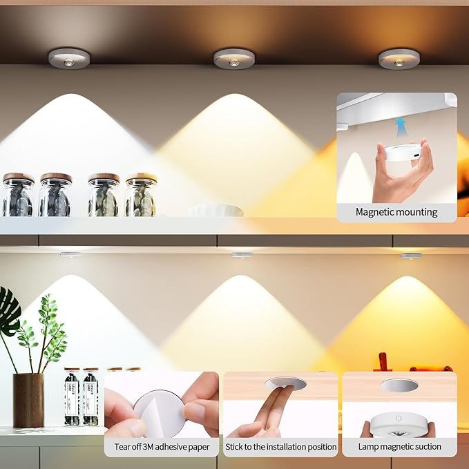 Rechargeable Puck Lights with Remote Control, 12 Color Changing Under Cabinet Lighting, Wireless RGB tv Led lights for bedroom & Closet, Dimmable Magnetic under counter lights for kitchen, Shelf,Party