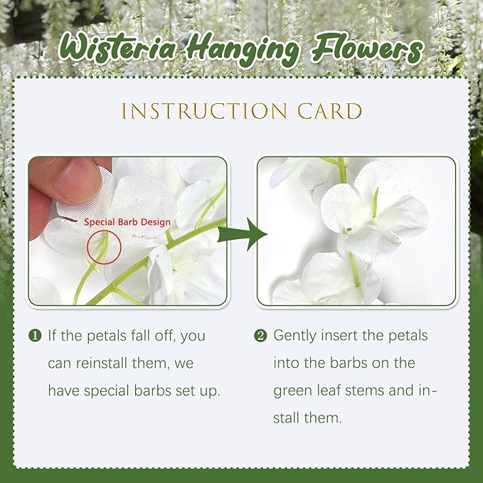 24 Pack White Wisteria Hanging Flowers, 3.4 Ft Fake Hanging Flowers, Artificial Wisteria Garland Vines for Wedding Room Backdrop Outdoor Patio Garden Decoration