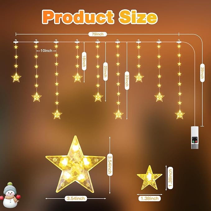 Rechargeable Stars Christmas Window Lights, IP65 Waterproof 90 LEDs 54 Stars Hanging Curtain Lights with 3 Timer Modes, Warm White Christmas Star Decoration for Indoor Outdoor Xmas Home Party Decor