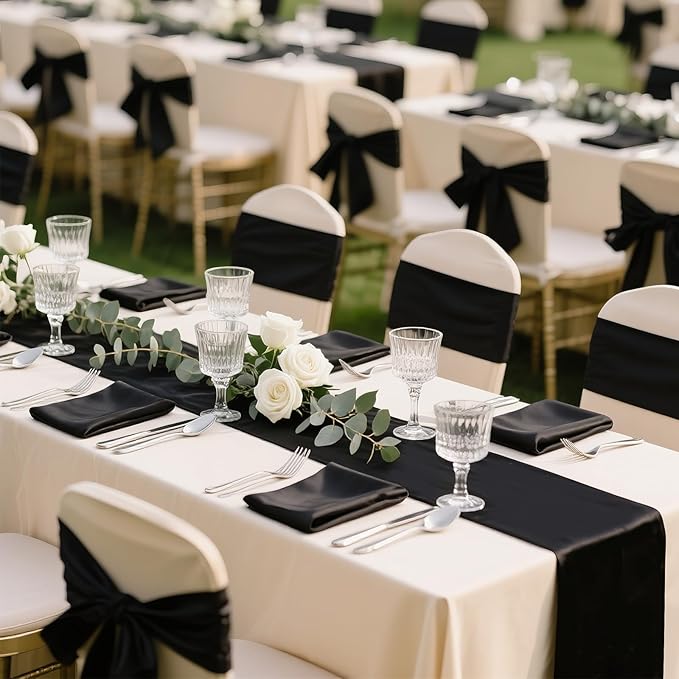 SHEJIZE 2 Pack Black Satin Table Runner 12x108 Inches Long, Bright Silky Smooth Satin Table Runner Table Decor for Wedding Banquet Christmas Prom Event Birthday Party