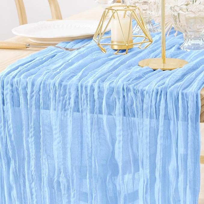 MLMW Light Blue Cheesecloth Table Runner Boho Gauze Rustic Cheese Cloth 160 inch Sheer Baby Blue Coastal Table Runner 13.3ft for Wedding Party Baby Bridal Shower Birthday