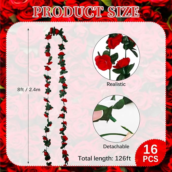 16Pcs 126Ft Red Rose Garland, Fake Rose Hanging Flowers, Artificial Flower Vine, Hanging Floral Vine Garland for Wedding, Birthday Party, Wall Arch, Halloween, Christmas Garden Backdrop Decor