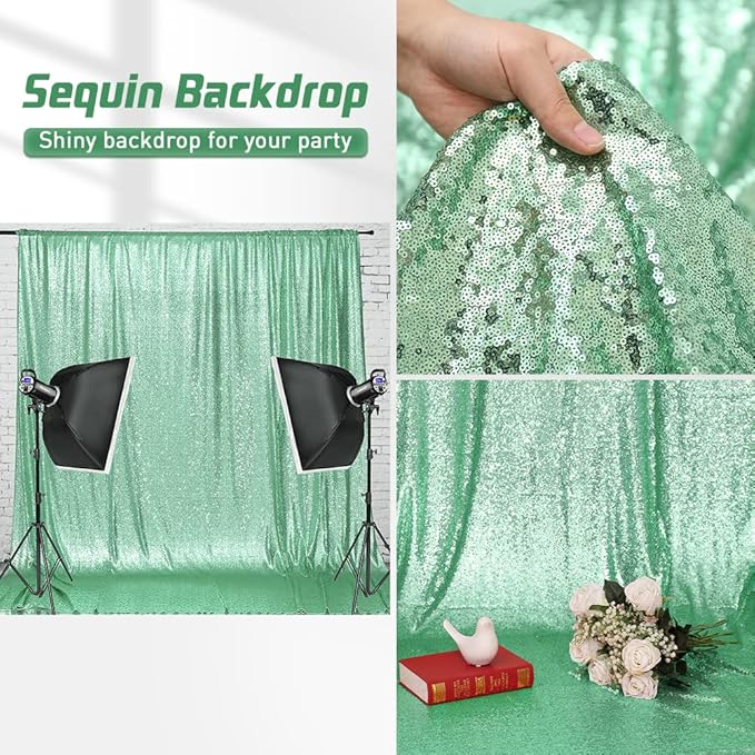 Eternal Beauty Mint Green Sequin Backdrop, 4x7 Ft Glitter Background Curtains for Shimmer Photography Party Wedding Birthday Back Drop Decor