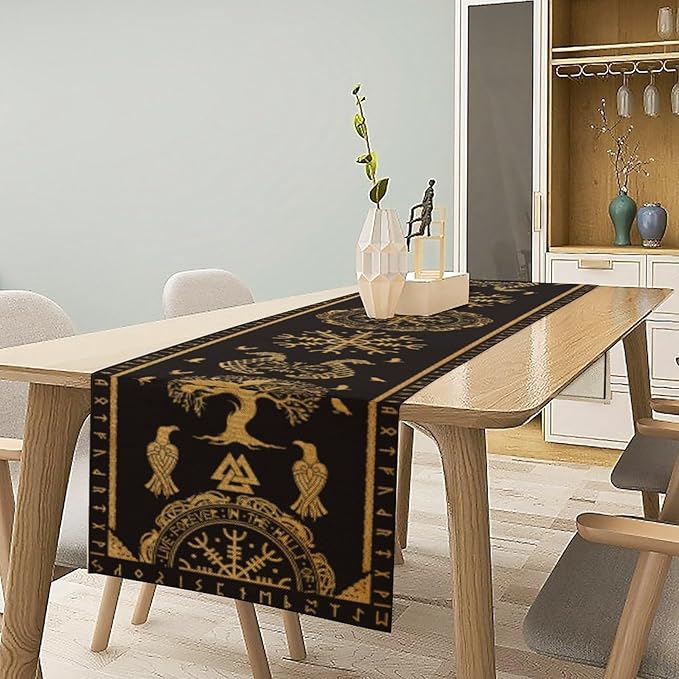 Viking Tree of Life Abstract Table Runner for Living Room Home Party Coffee Dining Party Wedding Golden Black Celtic Style Geometric Dragon Boat Rudder Ancient Script Table Runner 13x90 Inch