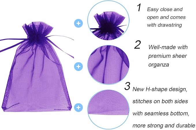 Wudygirl 100pcs Sheer Organza Bags 5‘’x7‘’ Purple Drawstring Packages License Jewelry Lipstick Pouches Baby Shower Party Wedding Favors Cookies Candy Favor Bags(100pcs Purple 5X7)