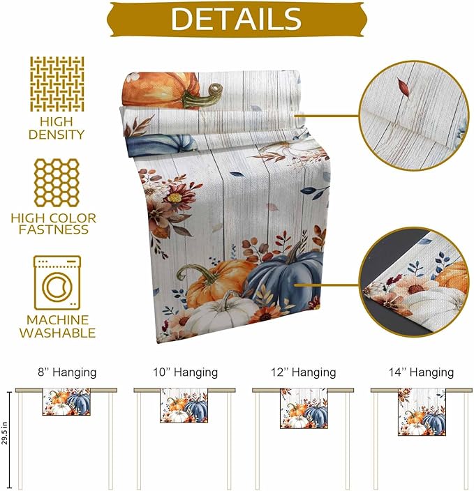 Thanksgiving Fall Cotton Linen Table Runner for Dining Kitchen, Pumpkins Eucalyptus Wedding Outdoor Party Tablerunners Decoration, Farmhouse Wooden Dresser Scarf Coffee Tablecloth Runners 13x90 Inches