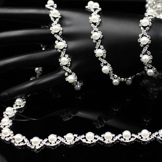 2 Yard Pearl Rhinestone Trim Chain Silver String Crystal Applique Fringe Ribbon Strips Beads Sewing Dress DIY Party Wedding Bouquet for Decoration Bridal Costume Embellishment