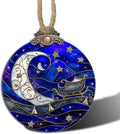 Stained Glass Christmas Decorations, Blue Starry Sky Silver Moon Suncatcher for Window Christmas Tree Hanging Ornaments Bell Sun Catcher Xmas Decor Gifts for Women Men Mom Nana Friend