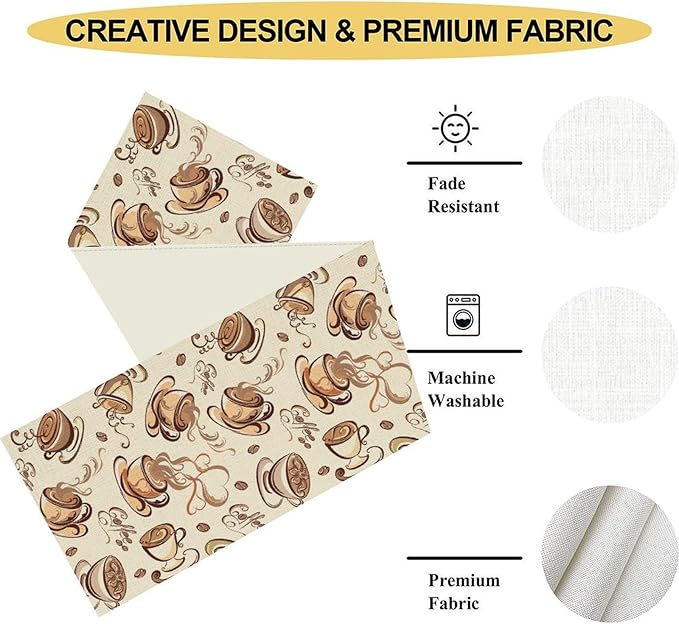 Coffee Time Table Runner, Farmhouse Retro Coffee Cup Tea Party Cafe Table Center Decor for Home Kitchen Dining Patio Holiday Party Indoor Outdoor Table Decorations,13"x72" Inch