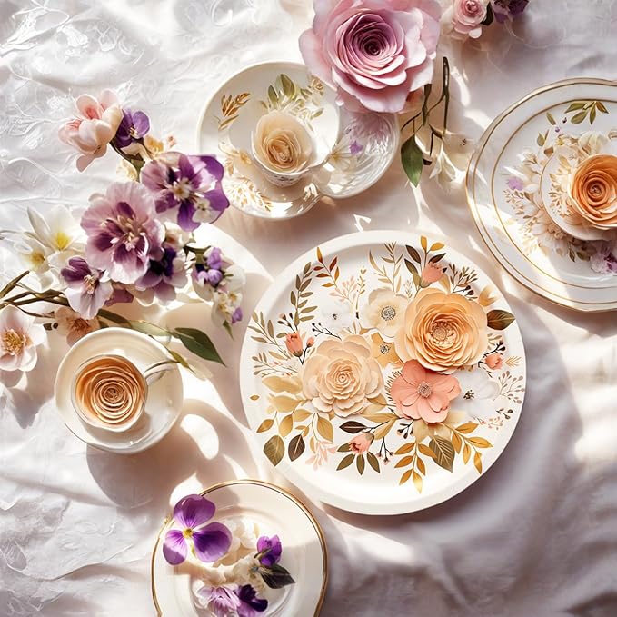 Boho Fall Plates and Napkins Sets, Floral Paper Plates Supplies Serves 50 for Boho Birthday Party Decorations,150PCS