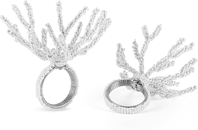 Beaded Napkin Rings Set for Dining Table - Elegant Pearl White Glass Beads with Silver Finish – Perfect for Weddings, Coastal Décor, Parties & Holiday Entertaining (White) - CLEENTABLE