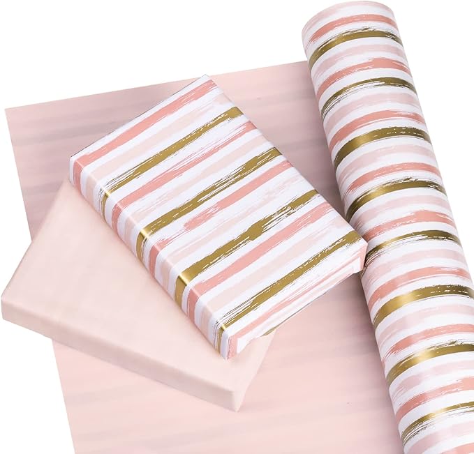 WRAPAHOLIC 30 Inch Reversible Wrapping Paper Roll - 30 Inch X 100 Feet Jumbo Roll Pink and Gold Lines Print for Birthday, Holiday, Wedding, Baby Shower and More Occasions