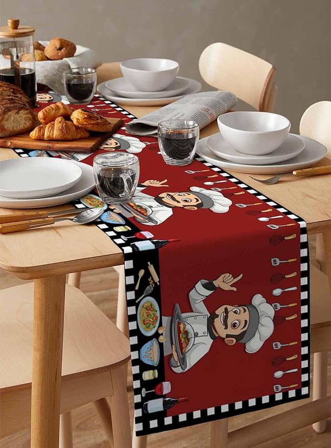 Red Chef Gourmet Cotton Linen Table Runner for Dining Kitchen, Wedding Outdoor Party Tablerunners Decoration, Black White Check Plaid Funny Kitchen Dresser Scarf Coffee Tablecloth Runners 13x36 Inches