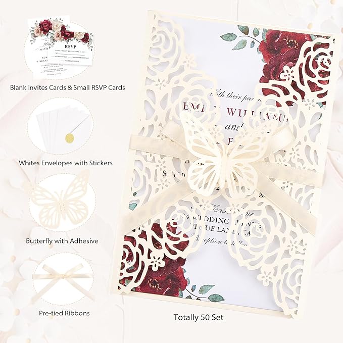Wedding Invitations Ivory 50 Pack - Butterfly Laser Cut Invitation Sleeves with Blank 250GSM Pearlescent Paper Insert Make Your Own Party Invitations Wedding Quinceanera Bride Shower
