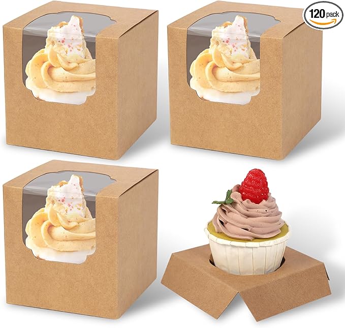 JCD 120pcs Cupcake Boxes, 3.5inches Individual Pre-Assembled Kraft Brown Cupcake Boxes with Window Single Cupcake Containers for Mother's Day, Birthdays, Baby Shower (Brown/120Pcs)