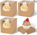 JCD 70 Packs 3.5" x 3.5" x 3.5"Pop up Cookie Boxes Kraft Brown Cupcake Individual Bulk Paper Cupcake Containers Single with Insert and Window,Cocoa Bombs Box for Bakery Gift (Brown/70Pcs)
