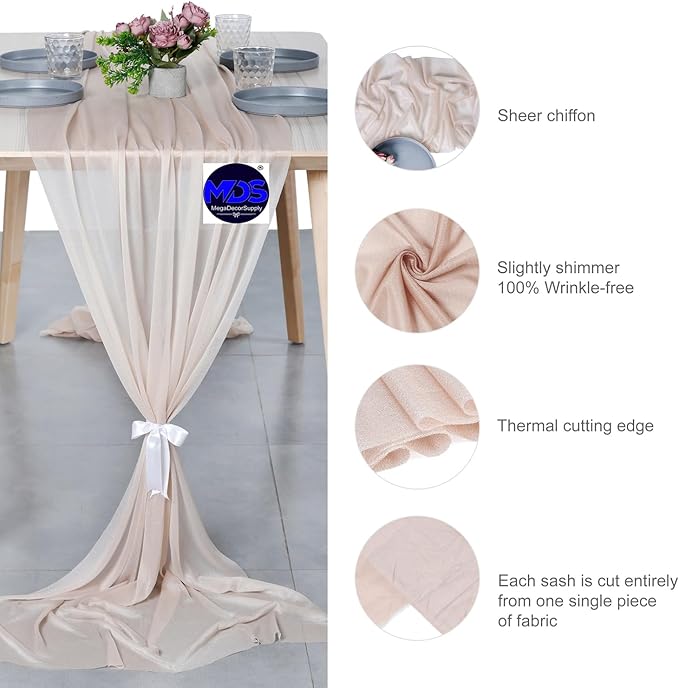 MDS 10 Pack 10ft Chiffon Table Runner 29 x 120 Inches Sheer Wedding Runner Romantic Rustic Table Runner for Wedding Decorations, Birthday Parties, Bridal Shower Party Arch Decor - Nude