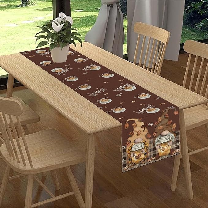 Coffee Time Table Runner, Farmhouse Retro Gnome Coffee Cup Tea Party Cafe Brwon Table Center Decor for Home Kitchen Dining Patio Holiday Party Indoor Outdoor Table Decorations,13"x36" Inch