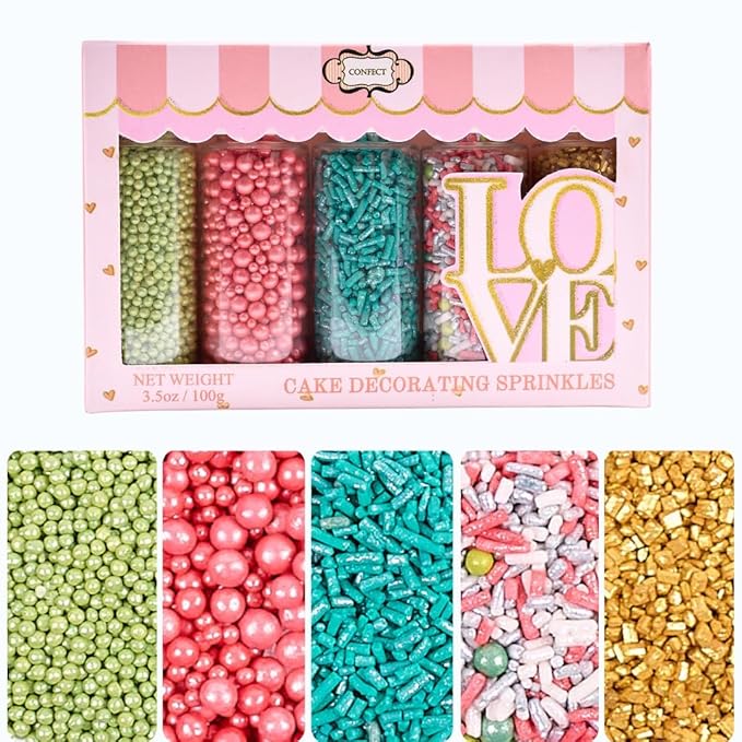 Confect Cool Mom Sprinkles Mix – 5 Pack Assorted Cake & Cupcake Decorations (Teal Jimmies, Green Dragees, Pink Pearls, Sparkling Gold Sugar) –Fun Dessert Toppings for Baking, Parties & Gifts – Vegan, Gluten-Free, Nut-Free, Soy-Free, Dairy-Free, Palm Oi...