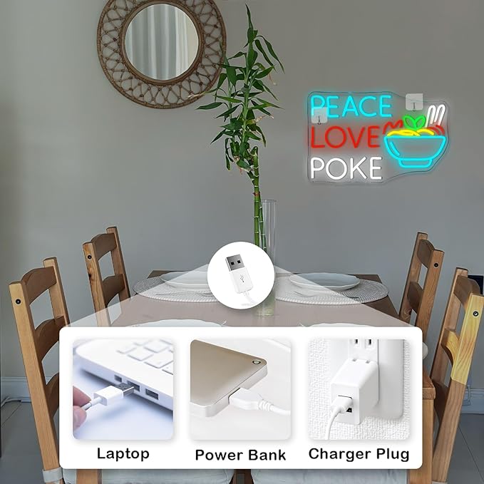 Looklight Peace Love Poke Ramen Neon Sign,Noodles Led Lights Neon Lights for Wall Decor USB Light Up Signs for Restaurant Kitchen Dinning Room Japanese Noodle Shop