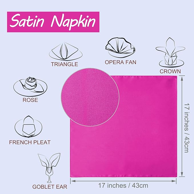 Horbaunal 30 Pack Hot Pink Satin Napkins 17 x 17 Inch, Square Soft Table Dinner Napkins, Silky Cloth Napkins Table Decoration for Weddings Banquets Parties