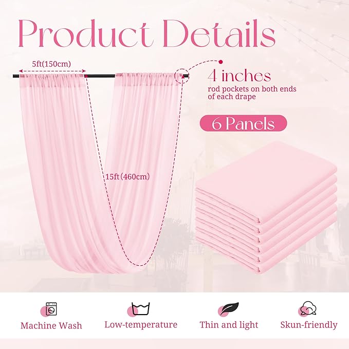6 Panels Pink Ceiling Drapes for Wedding, 5ftx15ft Ceiling Drapes Cheesecloth Sheer Fabric Curtain Wedding Arch Draping Fabric Romantic Ceilings Decorations for Weddings Party Ceremony Stage