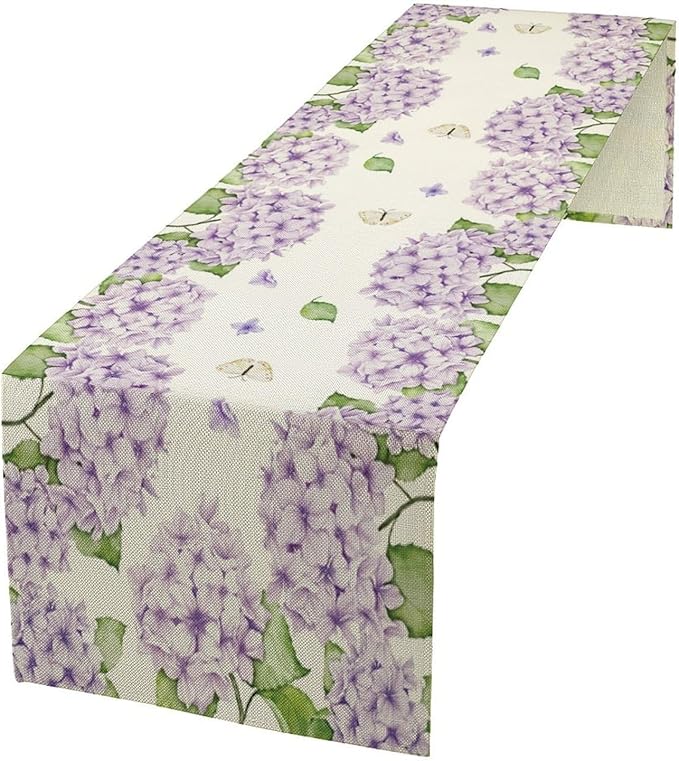 Watercolor Hydrangea Flower Table Runner, Spring Summer Seasonal Plants Butterfly Pink Lavender Dinner Runner for Home Kitchen Dining Table Party Holiday Decoration 13"x90"
