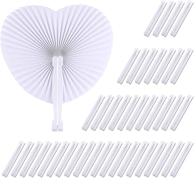 ZWIN 48 Pcs Heart Shaped Paper Fans for Wedding Pocket Folding Paper Fans with Plastic Handle White Blank Fans for Guest Celebration Party Decoration