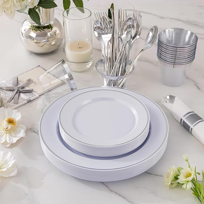 SUT 350 Pcs Silver Plastic Dinnerware Set for 50 Guests, Include: 50 Dinner Plates, 50 Dessert Plates, 50 Pre Rolled Napkins with Silver Silverware, 50 Cups, disposable plates for wedding, party