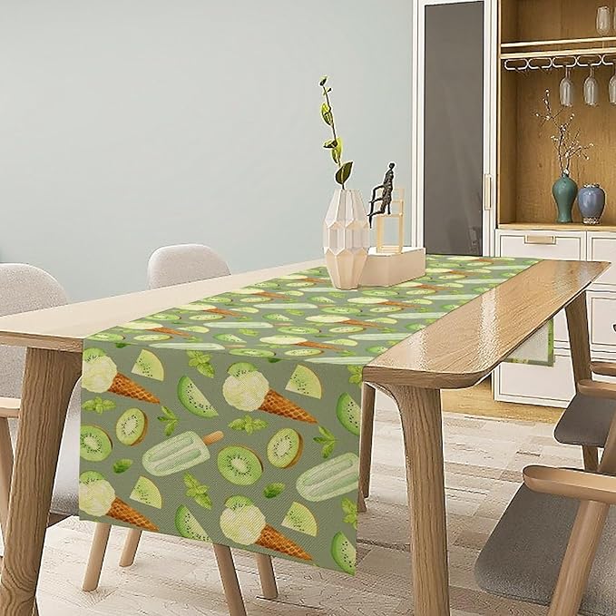 Summer Ice Cream Popsicles Table Runner, Watercolor Green Kiwi Seasonal Fruit Sweet Dessert Dinner Runner for Party Holiday Home Kitchen Dining Table Decor 13"x60"