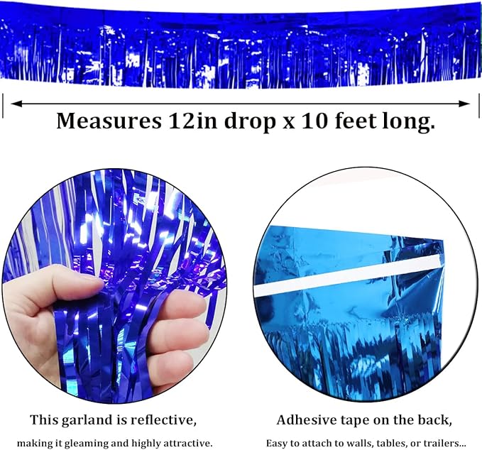 6 Pack Royal Blue Total 60 Feet Foil Fringe Garland Metallic Tinsel Banner Wall Hanging Drapes Parade Float Skirting Decorations for Trailer Mardi Gras Party Birthday Wedding
