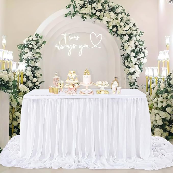 White Table Skirt for Rectangle Tables 14FT Chiffon Sheer Tablecloth for Birthday Party Sweetheart Cake Table Decoration