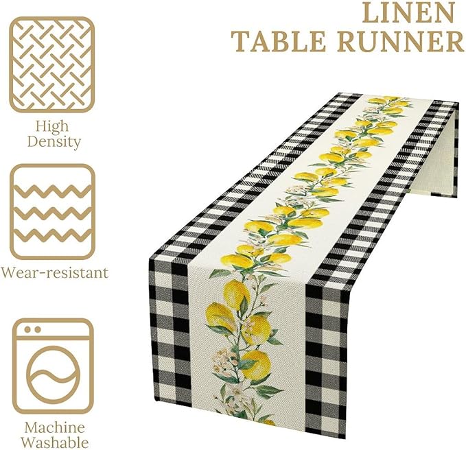 Lemon Table Runner,Black Buffalo Plaid Lemon Table Runner Farmhouse Style Spring Summer Home Kitchen Dinding Room Table Decoration 13x36 Inch
