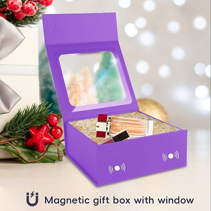 Purple Gift Boxes with Window,7.5"x7.5"x3.1" Bridesmaid Boxe for Gift Giving,Birthday Gift Box with Magnetic,Closure Lid Gift Boxes for Presents,Cute Boxe,Luxury for Gift Packaging,Gift Box for Wrapping Gifts