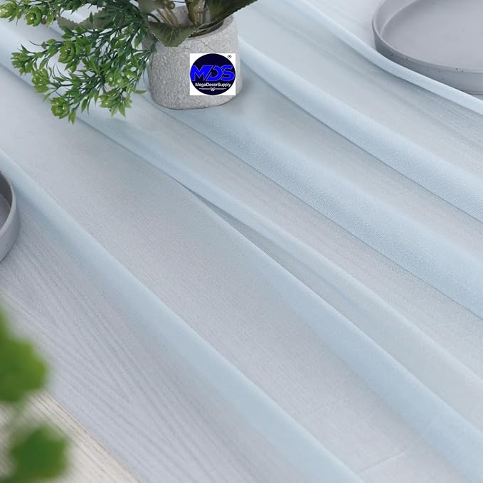 MDS 15 Pack 10ft Chiffon Table Runner 29 x 120 Inches Sheer Wedding Runner Romantic Rustic Table Runner for Wedding Decorations, Birthday Parties, Bridal Shower Party Arch Decor - Baby Blue