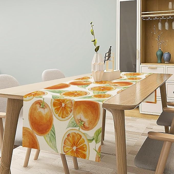 Spring Summer Orange Table Runner Watercolor Sweet Fruit Botanical Print Dinner Runner for Farmhouse Party Holiday Home Kitchen Dining Table Decor 13x90