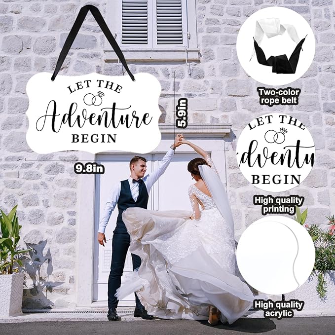 Acrylic Wedding Sign, Ring Bearer Sign, Rustic Wedding Decor Signs, Acrylic Wall Art With Ribbon for Chairs Weddings Decoration and Event Party - Let the Adventure Begin (White)
