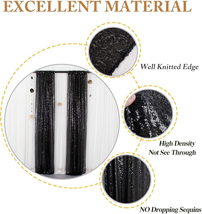 ShinyBeauty Sequin Curtains 4 Panels Black Backdrop Curtain Sequin Backdrops Sparkle Fabric Shimmer Photo Background for Halloween Parties Decor (2FTx8FT)