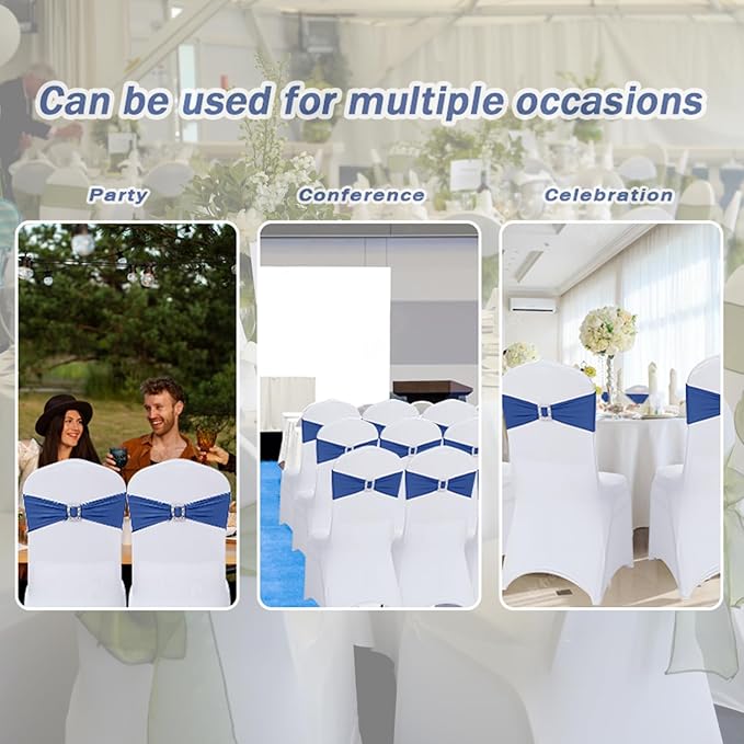 Joccun 30 PCS Spandex Chair Sashes Bows Stretch Chair Cover Band with Buckle Slider Universal Elastic Chair Ties for Wedding Banquet Party Event Decoration (Navy)
