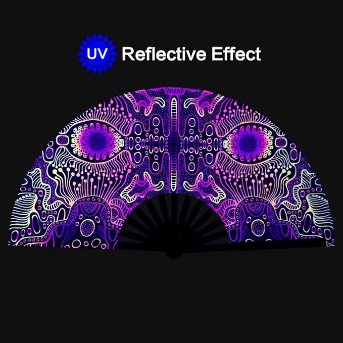 UV Glow Rave Fan, Bamboo Folding Clack Hand Fans Foldable for Men Women, Boots on the Ground Poping Fan for EDM Festival Line Dance Decoration, (Space Psychedelic, Medium 11")