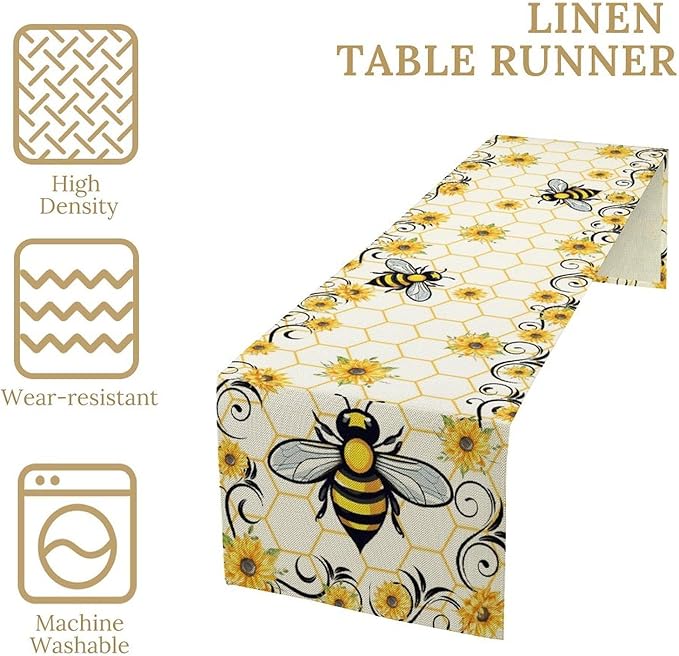 Bee Sunflower Table Runner, Farmhouse Orange Honeycomb Vintage Spring Summer Flowers Print Table Cover for Party Wedding Home Kitchen Dining Table Decor, 13x108inch
